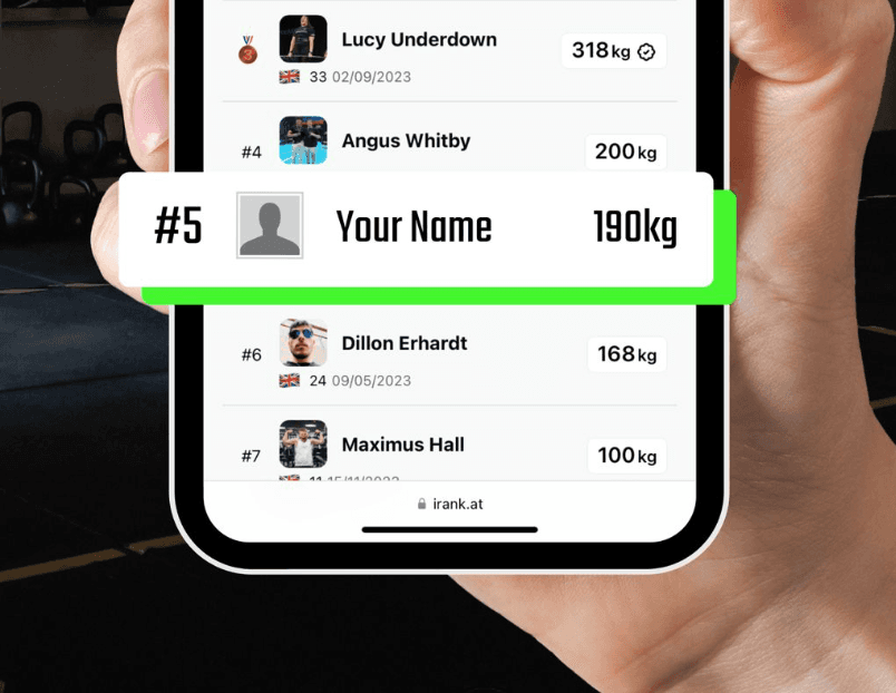 A phone in a gym showing an iRank leaderboard, with a highlighted row for a member’s score